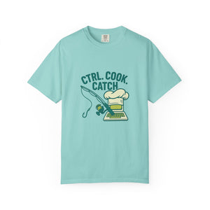 CTRL. COOK. CATCH. Unisex Garment-Dyed T-Shirt - Fun Foodie Tee for Chefs, Gamers, Gift for Cooking Lovers, Trendy Apparel