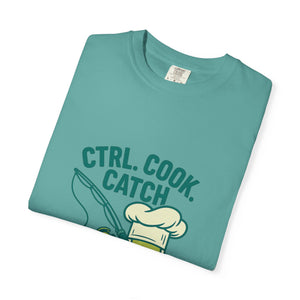 CTRL. COOK. CATCH. Unisex Garment-Dyed T-Shirt - Fun Foodie Tee for Chefs, Gamers, Gift for Cooking Lovers, Trendy Apparel