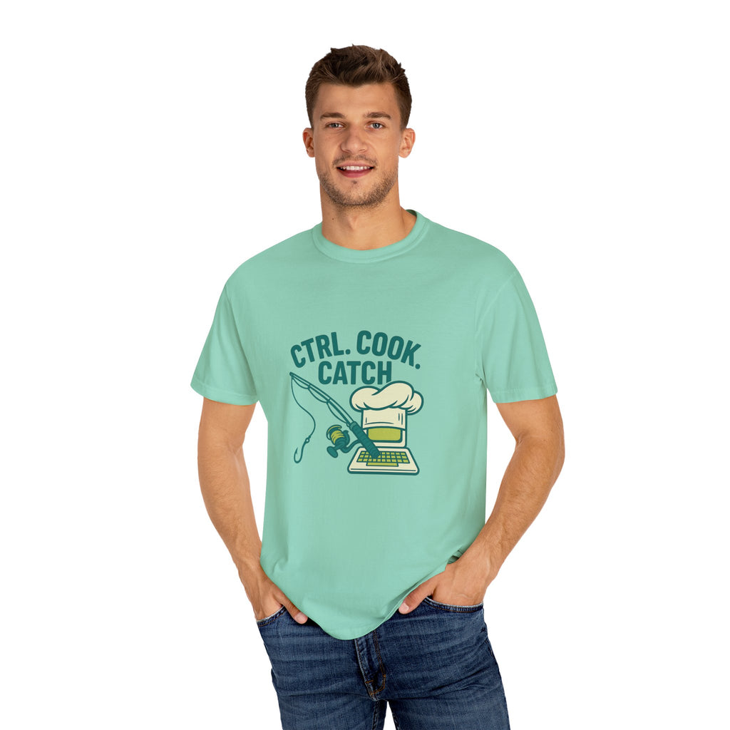 CTRL. COOK. CATCH. Unisex Garment-Dyed T-Shirt - Fun Foodie Tee for Chefs, Gamers, Gift for Cooking Lovers, Trendy Apparel