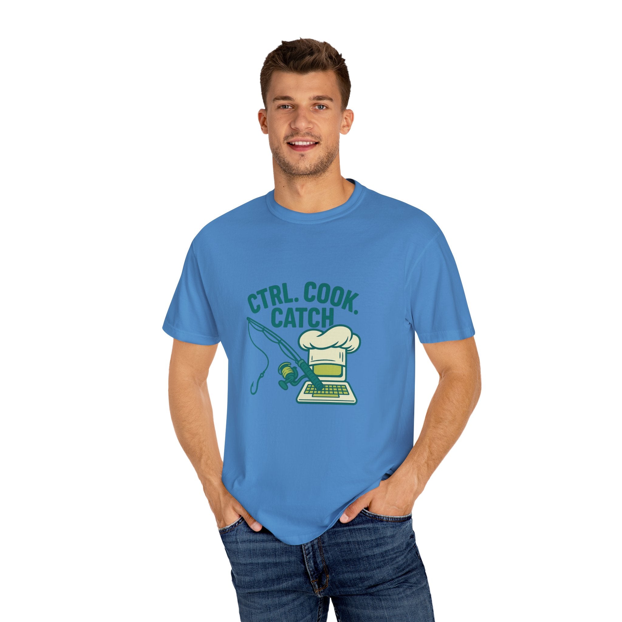 CTRL. COOK. CATCH. Unisex Garment-Dyed T-Shirt - Fun Foodie Tee for Chefs, Gamers, Gift for Cooking Lovers, Trendy Apparel