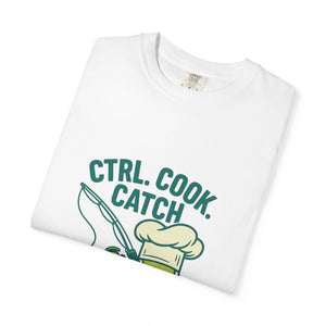 CTRL. COOK. CATCH. Unisex Garment-Dyed T-Shirt - Fun Foodie Tee for Chefs, Gamers, Gift for Cooking Lovers, Trendy Apparel