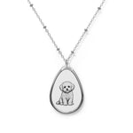 Bichon Frise Oval Puppy Pendant Necklace – Silver Teardrop Photo Locket with Cute Dog Illustration