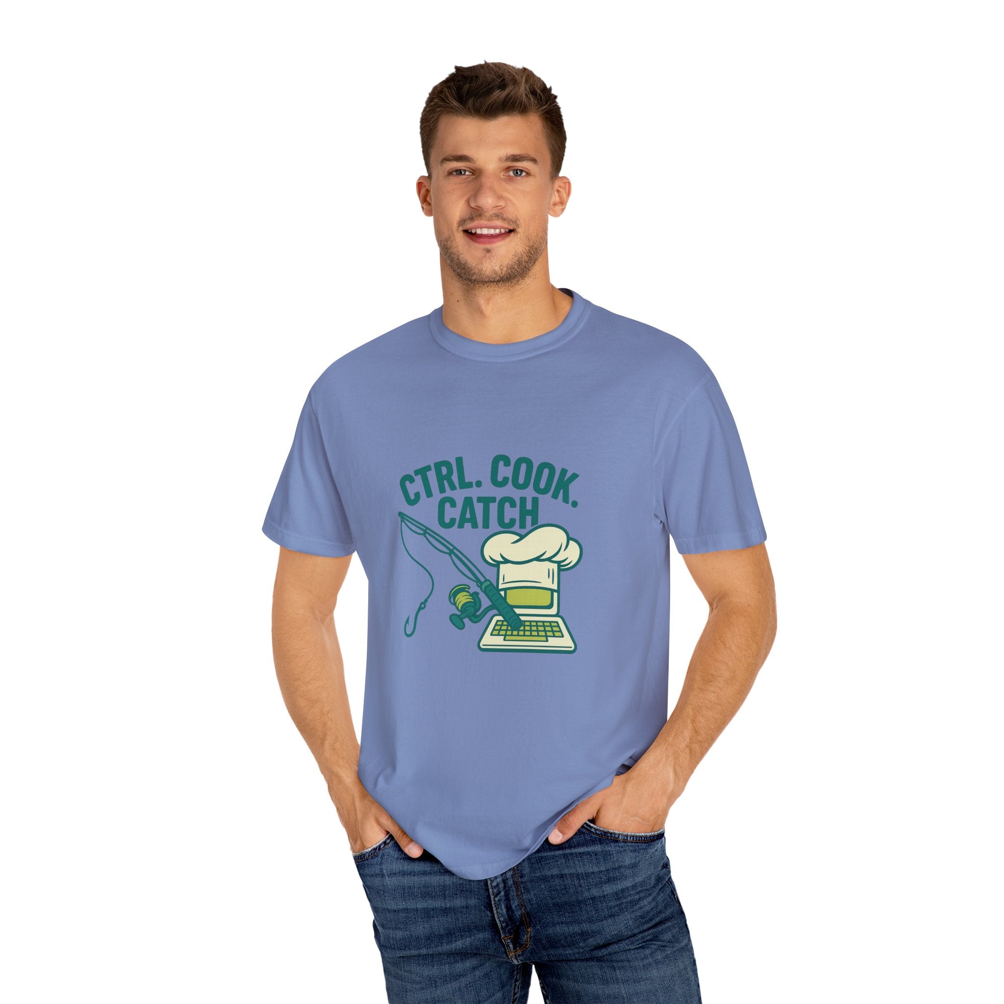 CTRL. COOK. CATCH. Unisex Garment-Dyed T-Shirt - Fun Foodie Tee for Chefs, Gamers, Gift for Cooking Lovers, Trendy Apparel