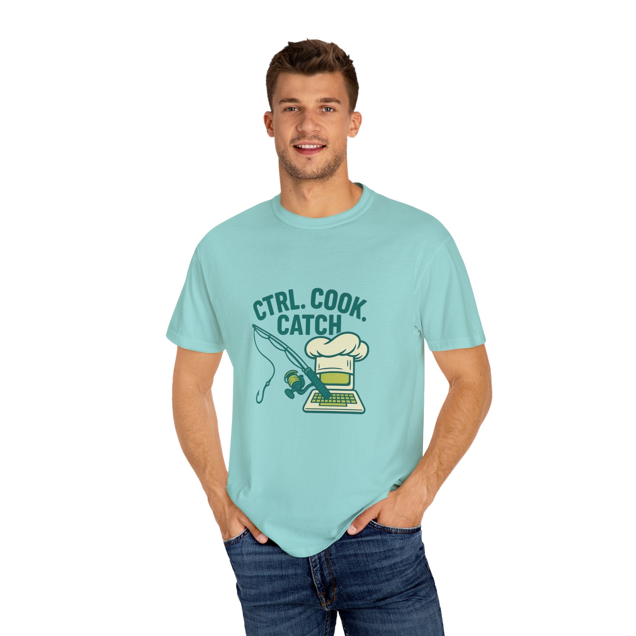 CTRL. COOK. CATCH. Unisex Garment-Dyed T-Shirt - Fun Foodie Tee for Chefs, Gamers, Gift for Cooking Lovers, Trendy Apparel