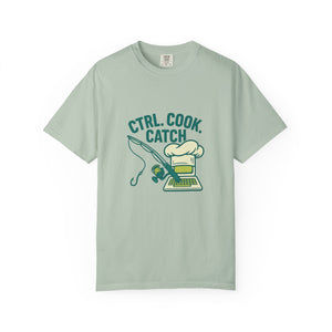 CTRL. COOK. CATCH. Unisex Garment-Dyed T-Shirt - Fun Foodie Tee for Chefs, Gamers, Gift for Cooking Lovers, Trendy Apparel