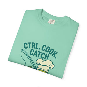 CTRL. COOK. CATCH. Unisex Garment-Dyed T-Shirt - Fun Foodie Tee for Chefs, Gamers, Gift for Cooking Lovers, Trendy Apparel