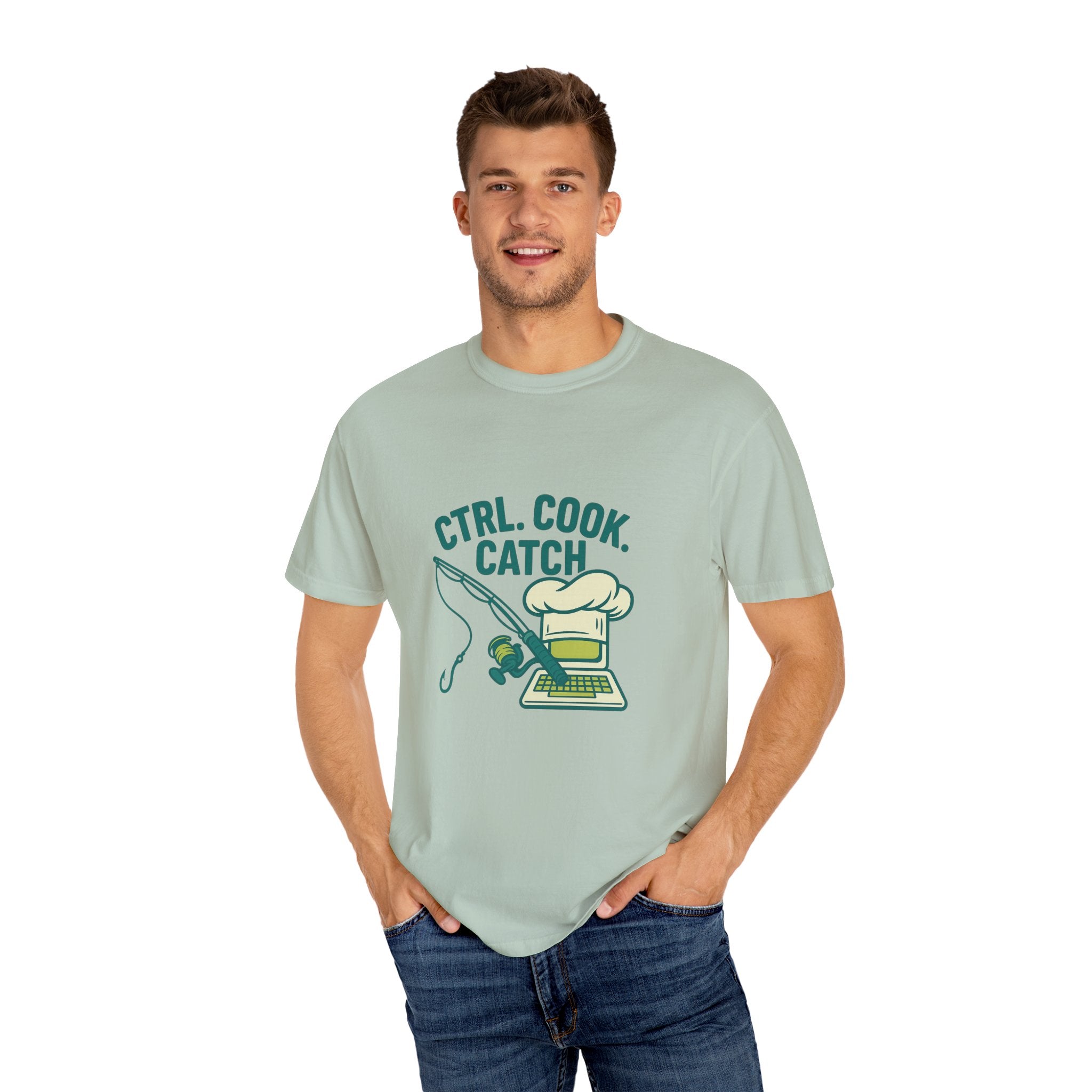 CTRL. COOK. CATCH. Unisex Garment-Dyed T-Shirt - Fun Foodie Tee for Chefs, Gamers, Gift for Cooking Lovers, Trendy Apparel