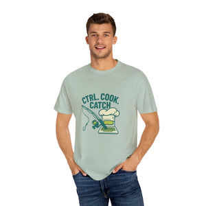 CTRL. COOK. CATCH. Unisex Garment-Dyed T-Shirt - Fun Foodie Tee for Chefs, Gamers, Gift for Cooking Lovers, Trendy Apparel