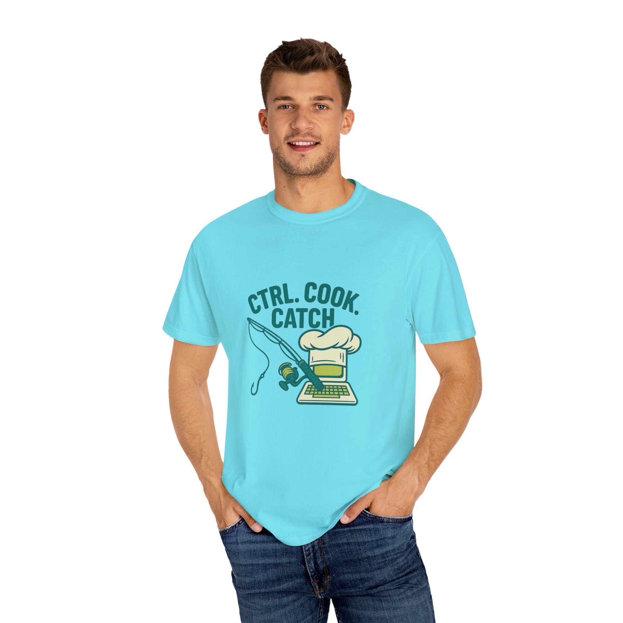 CTRL. COOK. CATCH. Unisex Garment-Dyed T-Shirt - Fun Foodie Tee for Chefs, Gamers, Gift for Cooking Lovers, Trendy Apparel