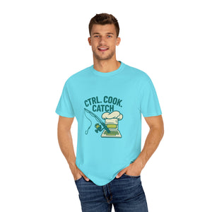 CTRL. COOK. CATCH. Unisex Garment-Dyed T-Shirt - Fun Foodie Tee for Chefs, Gamers, Gift for Cooking Lovers, Trendy Apparel