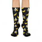 Banana Print Crew Socks — Fun Black Cushioned Knee-High Socks