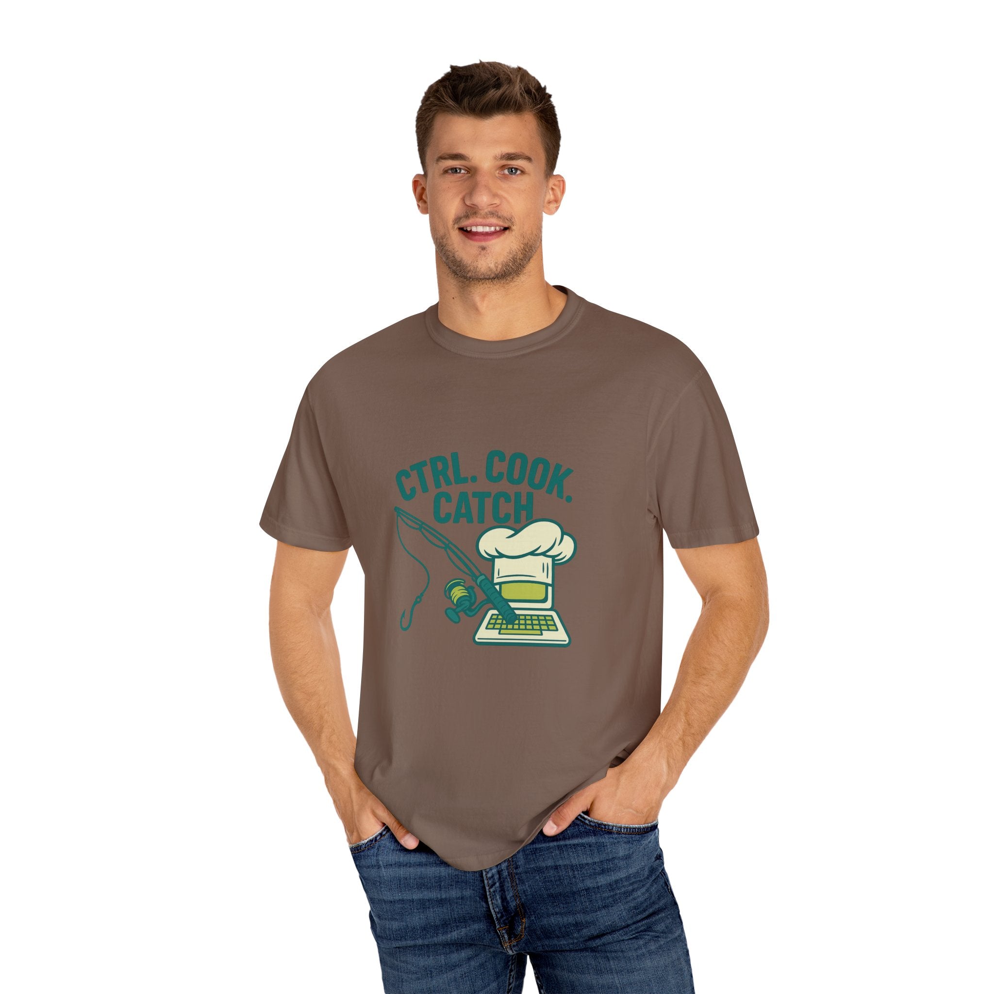 CTRL. COOK. CATCH. Unisex Garment-Dyed T-Shirt - Fun Foodie Tee for Chefs, Gamers, Gift for Cooking Lovers, Trendy Apparel