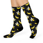 Banana Print Crew Socks — Fun Black Cushioned Knee-High Socks